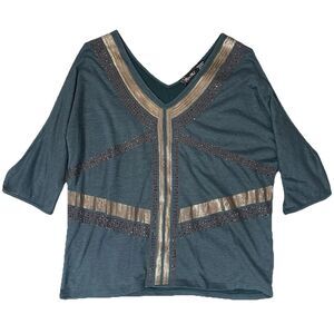 Miss‎ Me Shirt Womens Large Teal Gold V Neck Cold Shoulder Beaded Sequins Boho